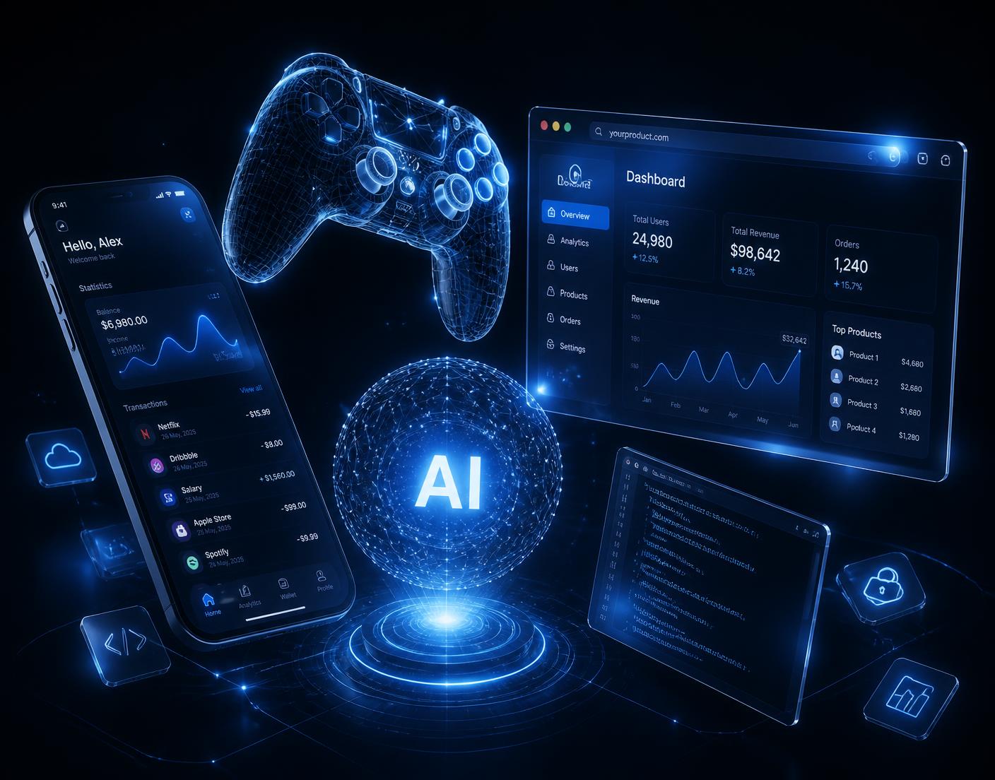 Digital products by CoreSurface Studios: a mobile app, a web platform, a game controller and an AI neural network visual